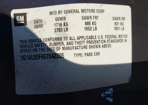 2006 Chevrolet Cobalt Lt from USA, damaged, VIN 1G1AL55F667642205